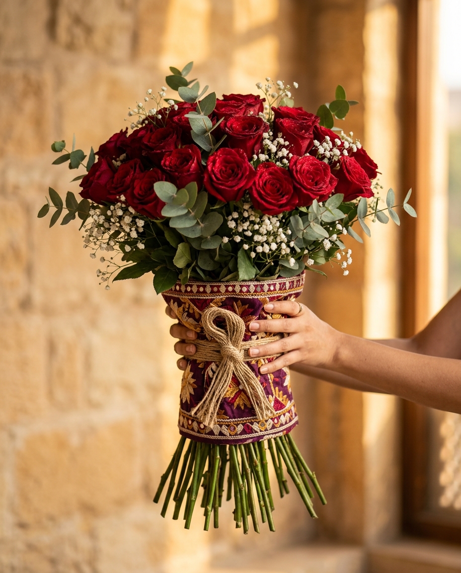 Hand-tied red roses in deep plum phulkari wrap