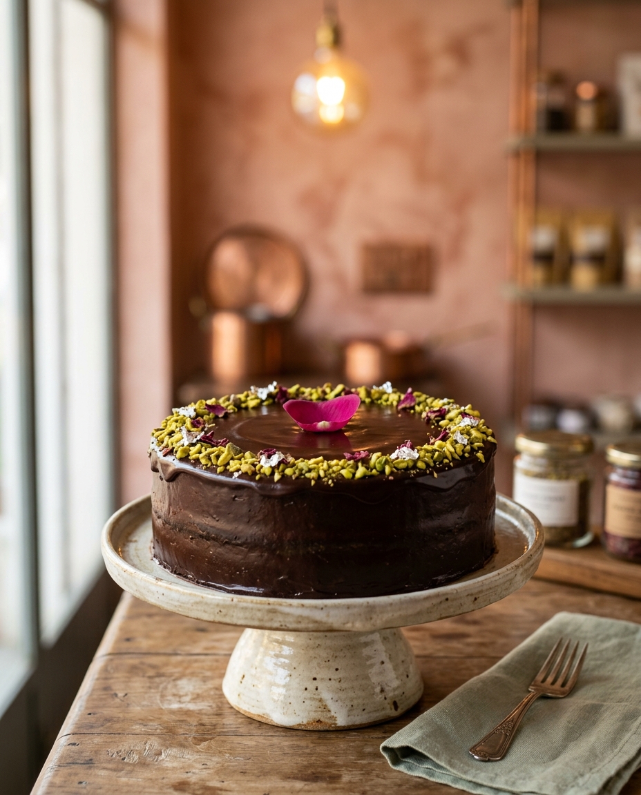 Eggless paan truffle cake with pistachio and silver leaf