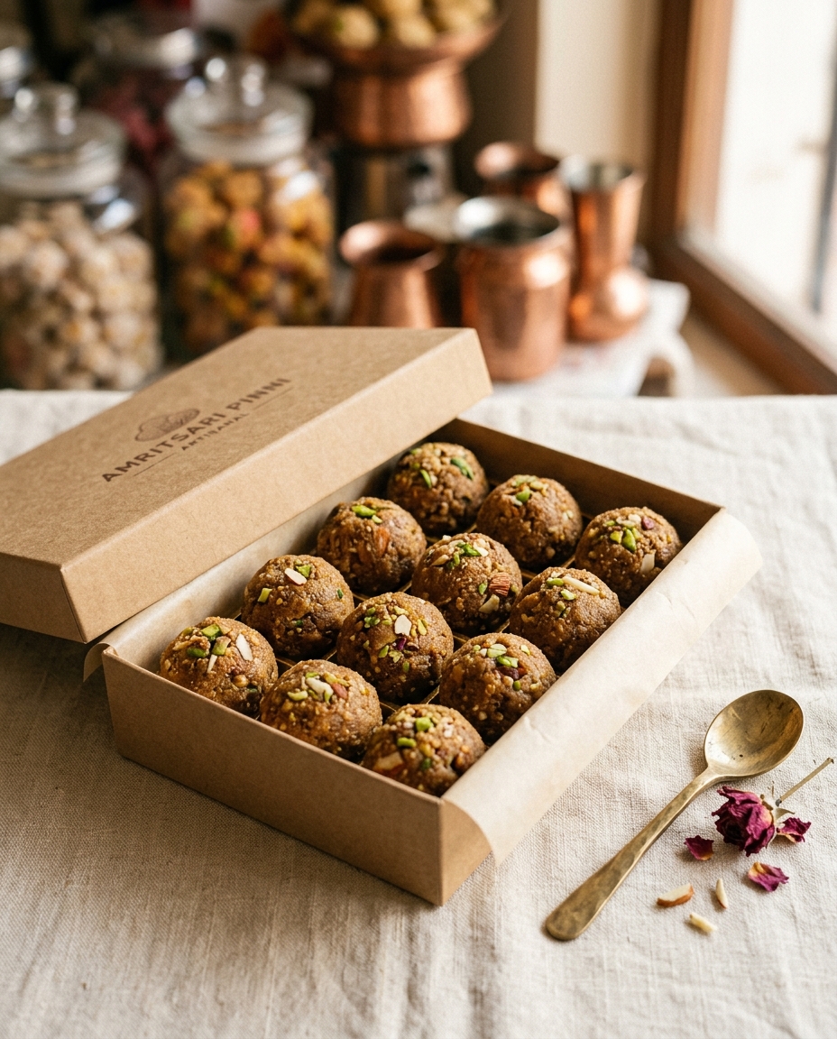 Open kraft box of hand-rolled Amritsari pinni laddoos