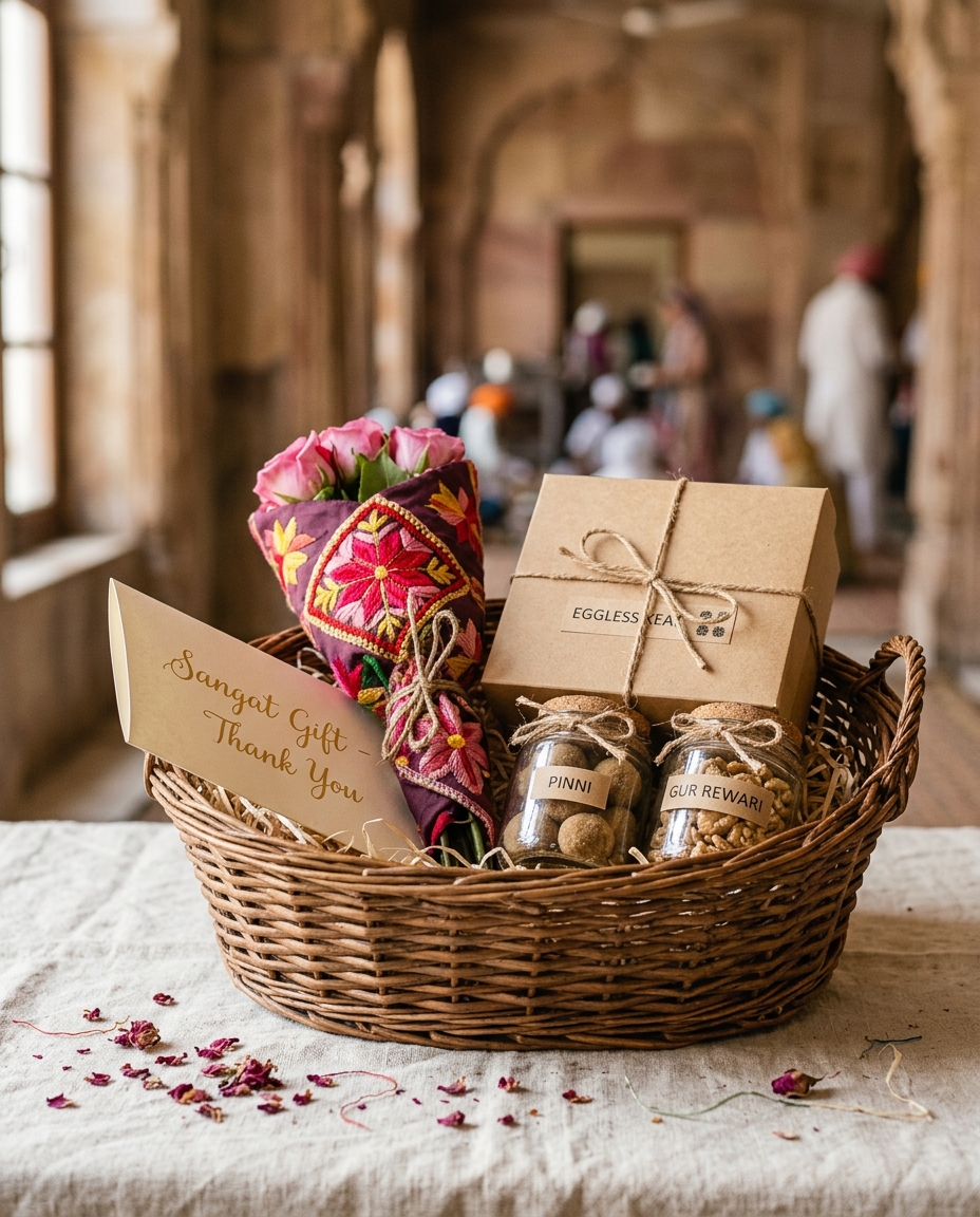 Sangat hamper with phulkari-wrapped flowers, cake and Amritsari sweets