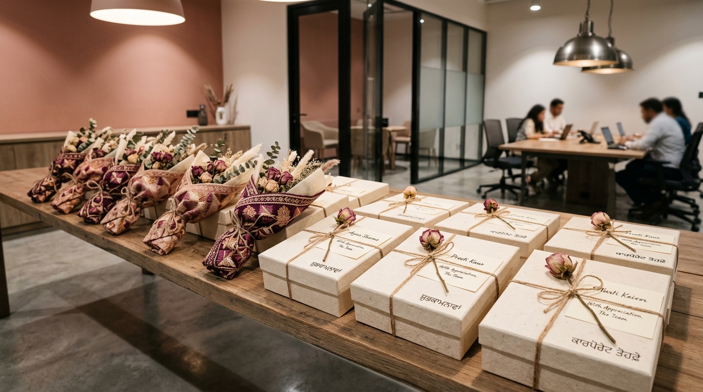 Modern Amritsar corporate gifting setup with phulkari-wrapped bouquets