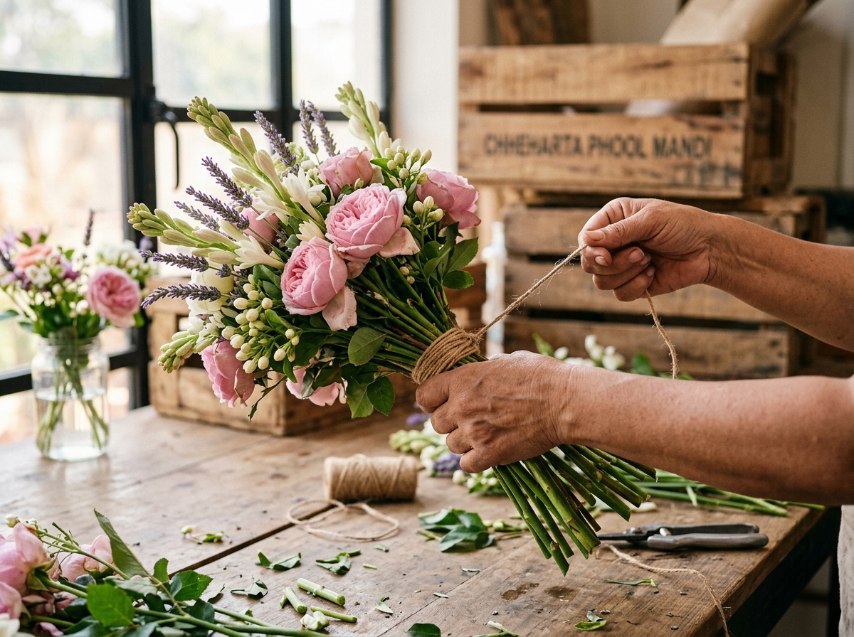 Hand-tying a fresh dawn-cut bouquet at the Amritsar studio