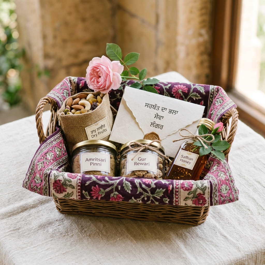 Langar-spirit gift hamper with phulkari cloth and Amritsari treats