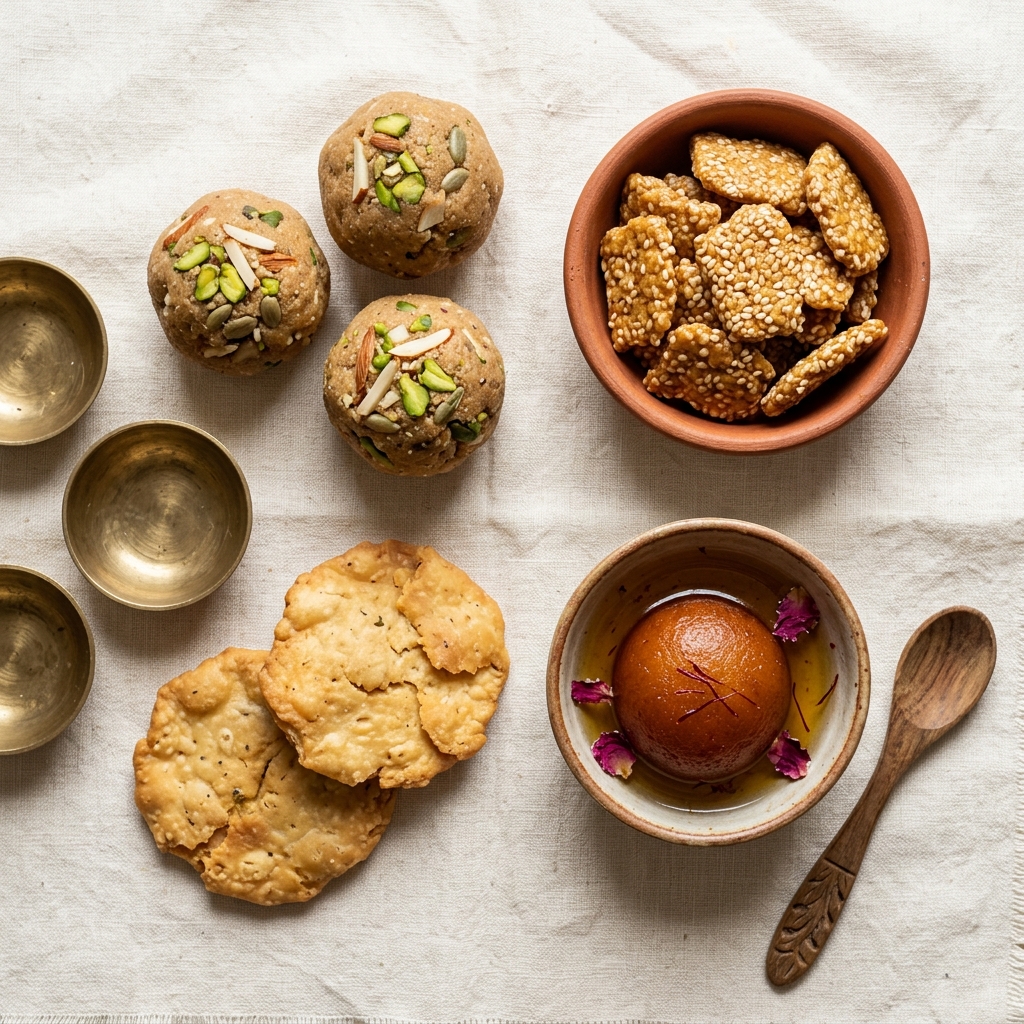 Amritsari pinni, rewari and gulab jamun on cream textile