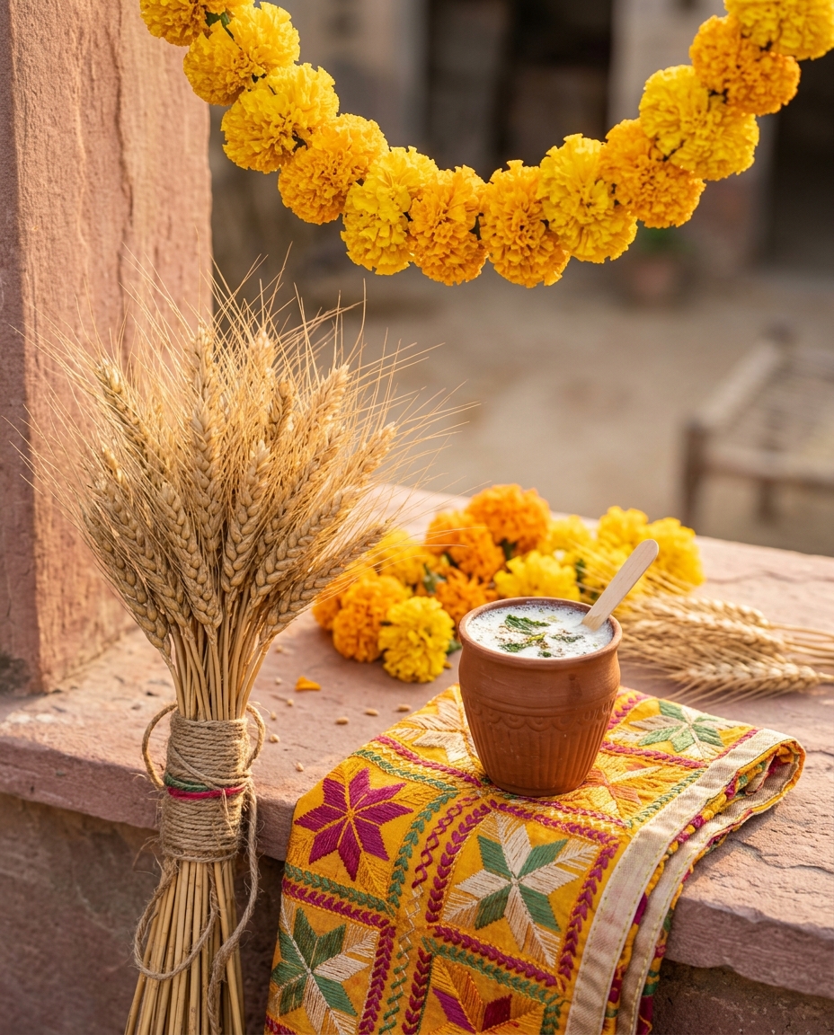 Marigold garland, wheat sheaves and buttermilk for Baisakhi