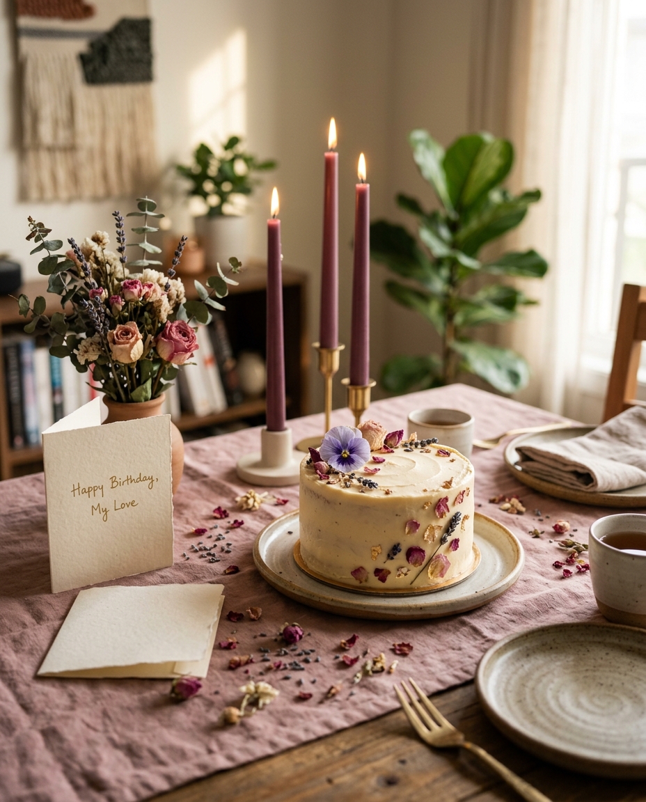 Modern Amritsar birthday tablescape with cake and rose petals