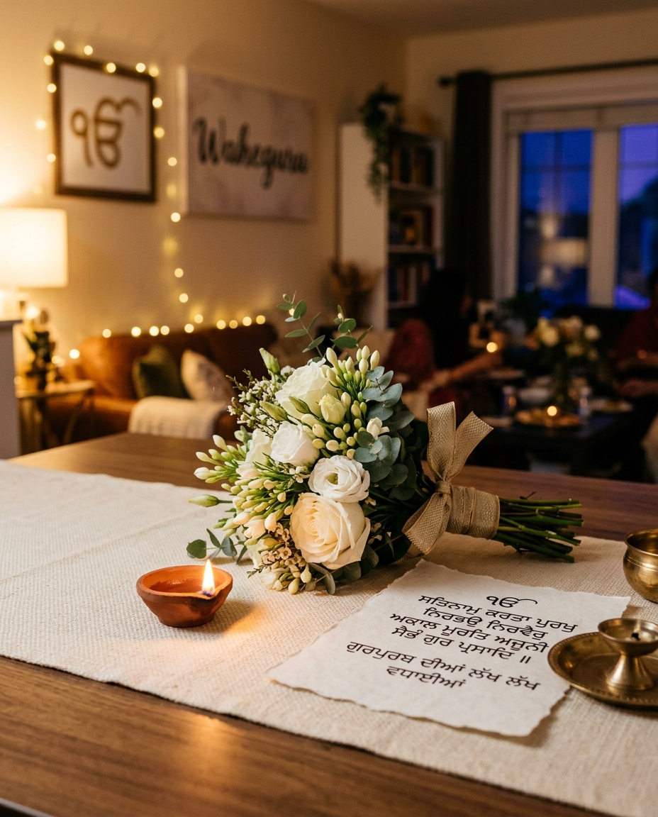 White flowers and clay diya for Gurpurab