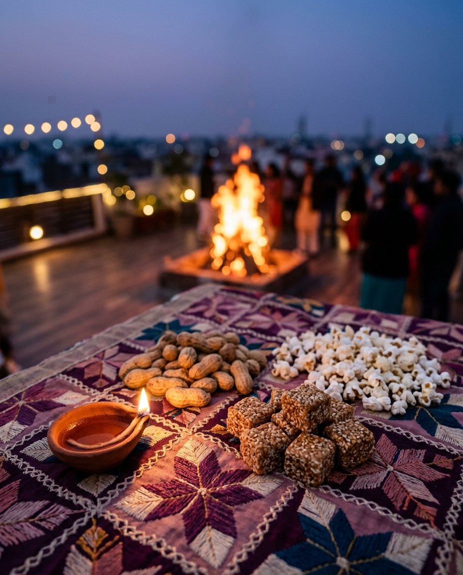 Roasted peanuts, gur-rewari and a clay diya at dusk