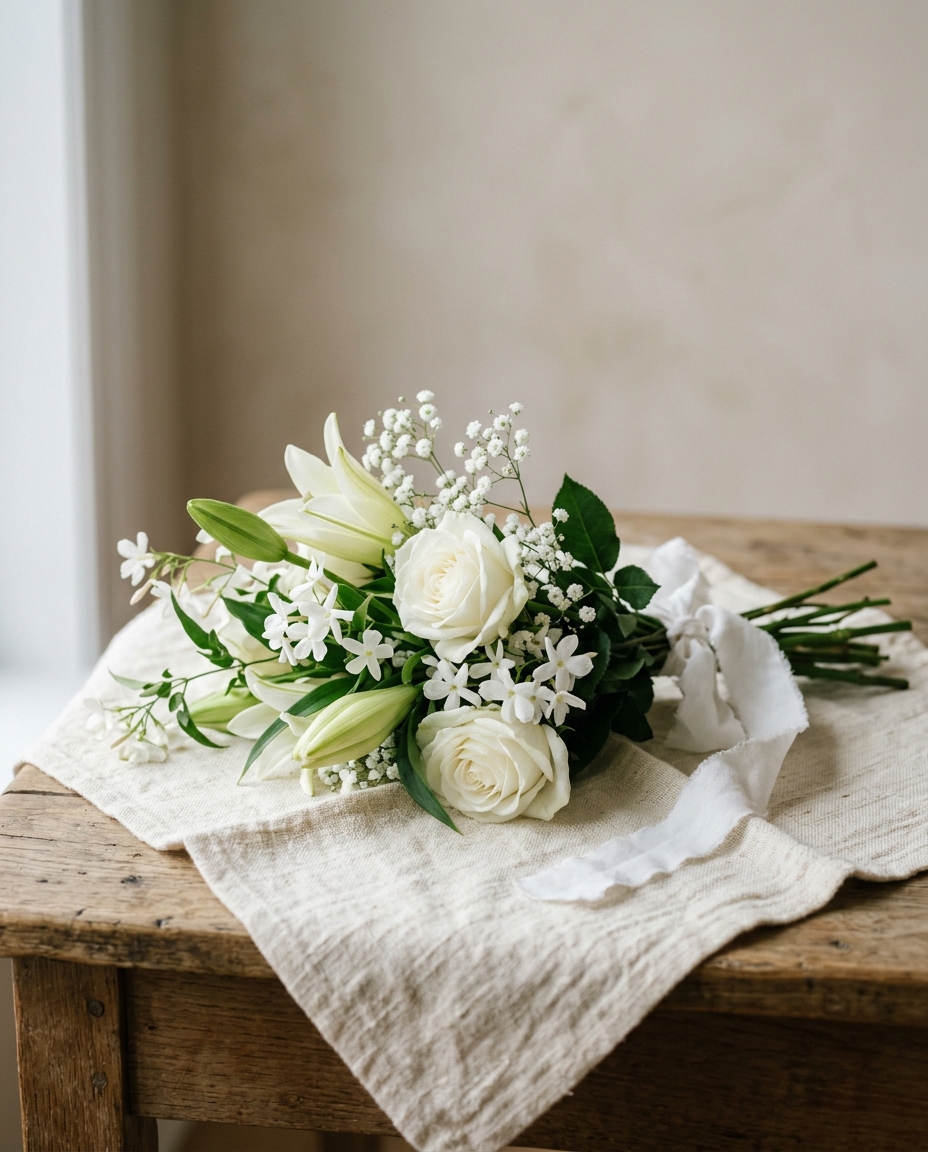 Quiet white-flower sympathy bouquet on cream cloth