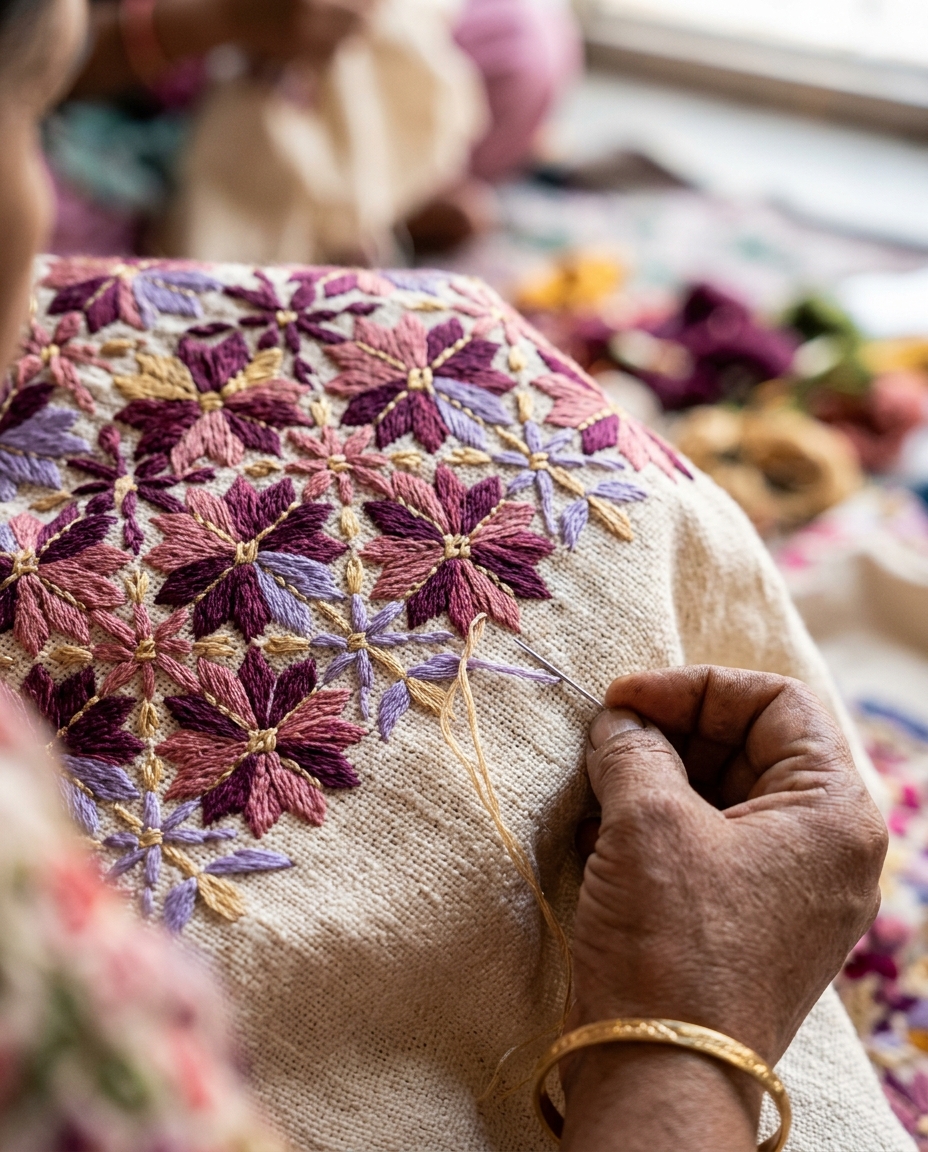 Hand-stitched phulkari embroidery — silk thread on cream khaddar
