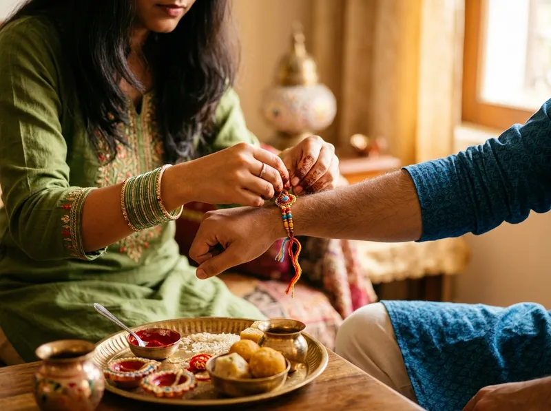 Sister tying rakhi on brother's wrist during Raksha Bandhan celebration